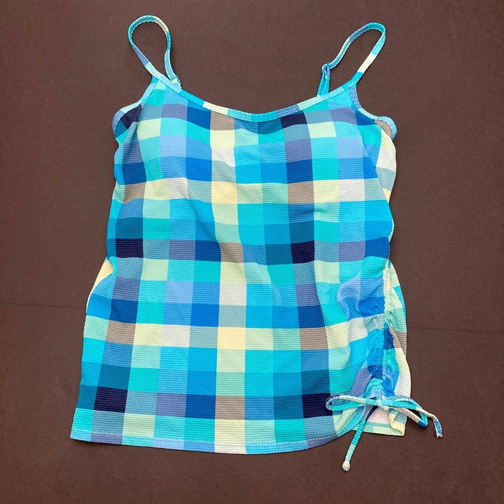 Beach House Swim Tankini Top Womens 8 Underwire Removable Pads Aqua Plaid